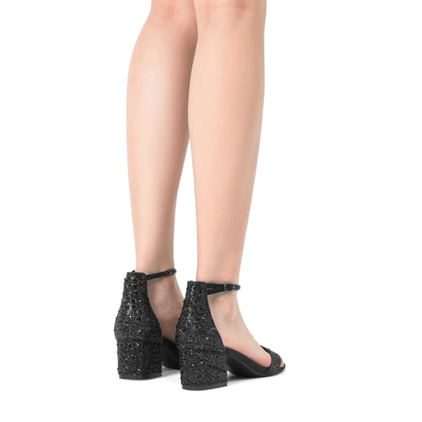 Rhinestone Low Chunky Heel Sandals - BLACK RHINESTONE - 2