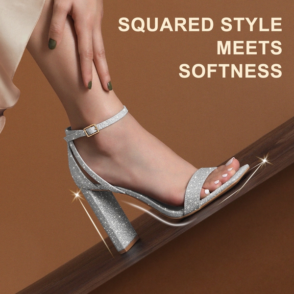 Women's Open Toe Chunky High Heel Sandals - SILVER - 2