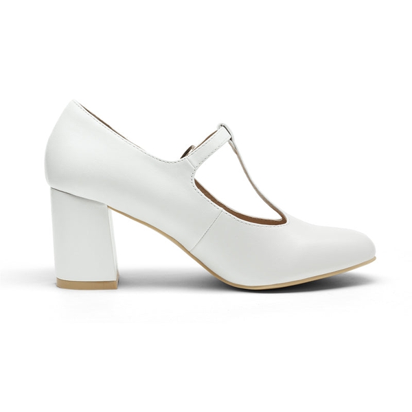 T-Strap Mary Jane Pumps with Chunky Heel - WHITE PU - 1