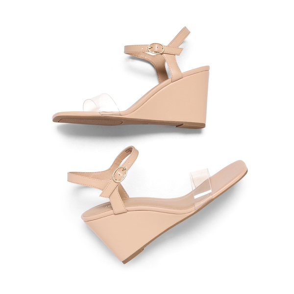 Square Toe Slingback Wedge Sandals - NUDE CLEAR - 4