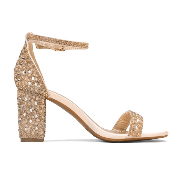 Rhinestone 3-Inch Chunky Heel Sandals - GOLD RHINESTONE - 3