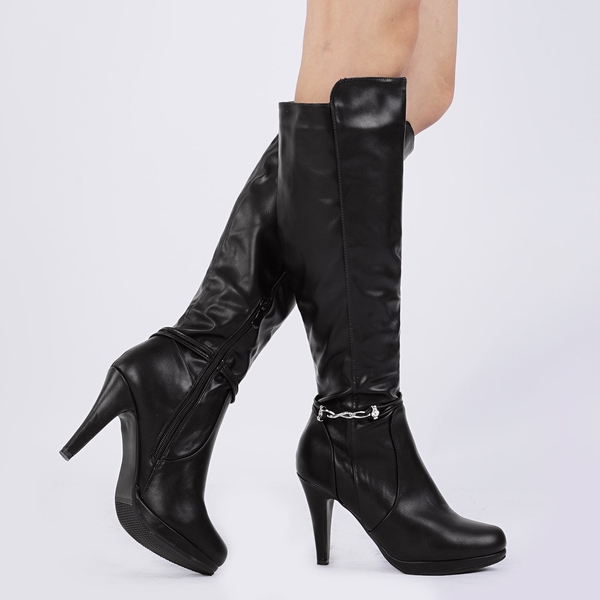 High Heel Knee High Boots - BLACK PU - 1