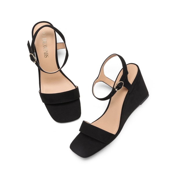 Square Toe Slingback Wedge Sandals - BLACK SUEDE - 4