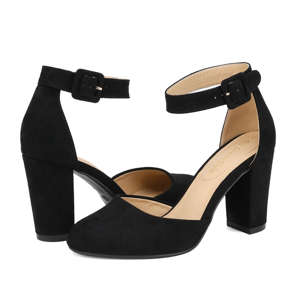 Round Toe Chunky Heel Pumps - BLACK SUEDE - 3