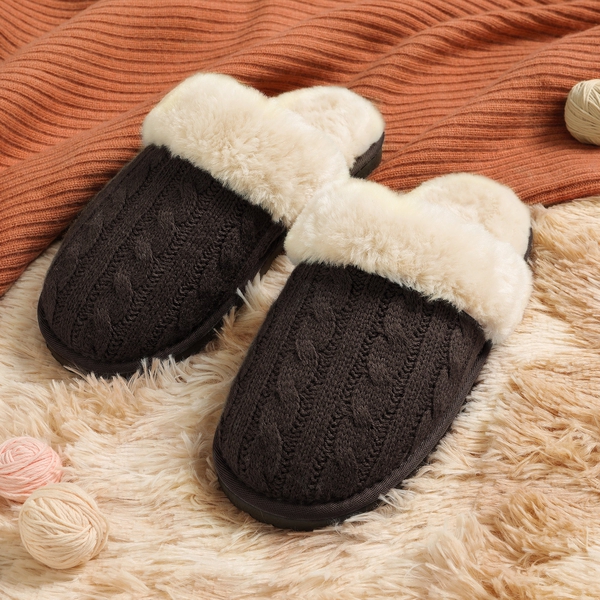 Winter Knitted House Slippers - BROWN - 4