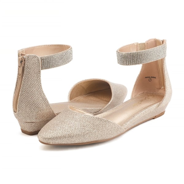 Wedge Ankle Strap Flats Shoes - GOLD GLITTER - 4