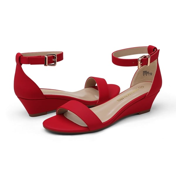 Ankle Strap Low Heel Wedge Sandals - RED NUBUCK - 2