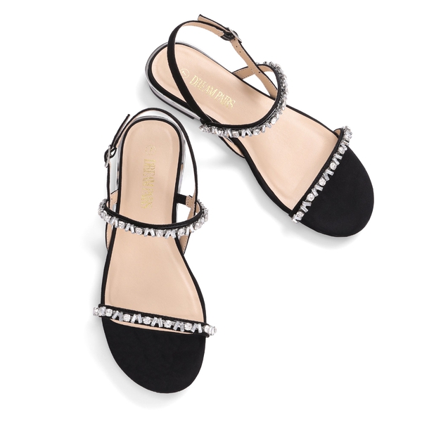 Rhinestone Flat Sandals - BLACK SUEDE - 4