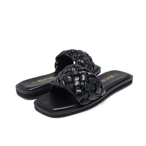 Open Toe Slide Flat Sandals - BLACK WEAVE - 3
