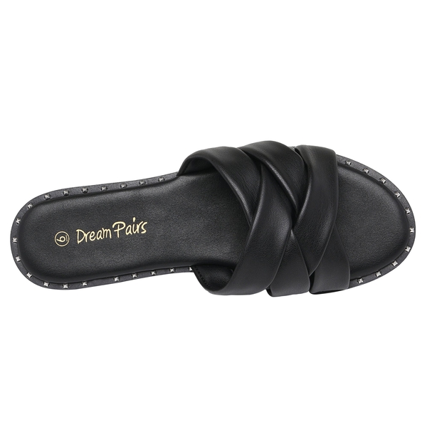 Studded Flat Slide Sandals - BLACK PU - 3