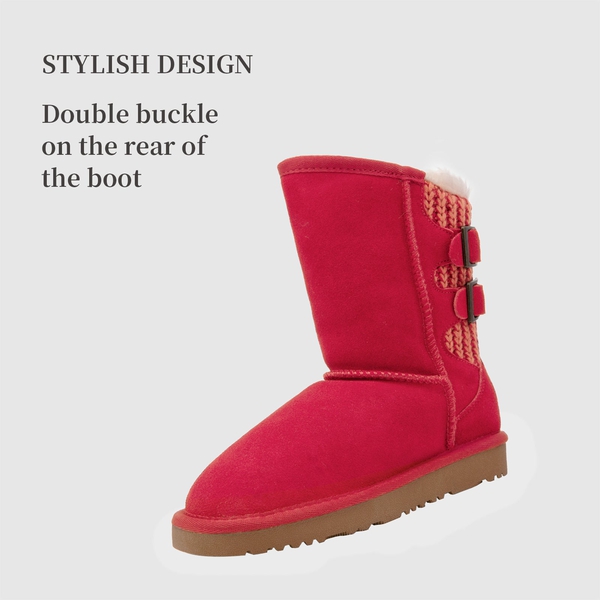[FuzzyChic Kid's Buckle] Kids Fur Lined Suede Non Slip Winter Boots - RED - 2