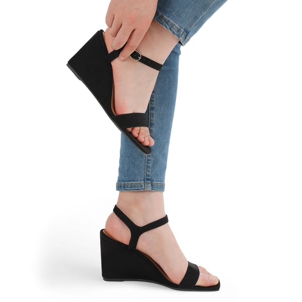 Square Toe Slingback Wedge Sandals - BLACK SUEDE - 3
