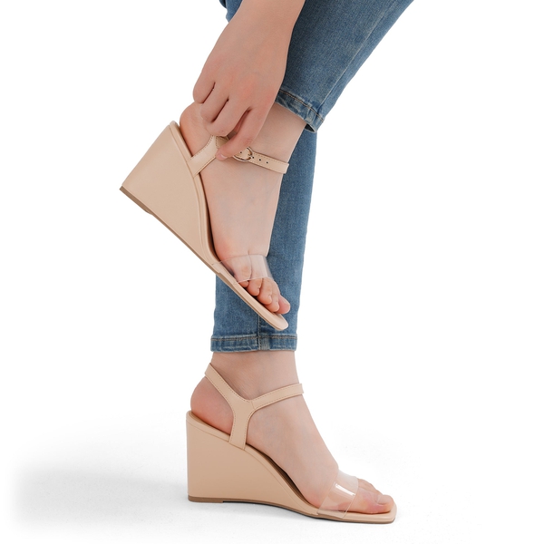 Square Toe Slingback Wedge Sandals - NUDE CLEAR - 2