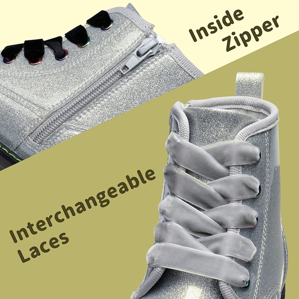 Kids Glitter Side Zipper Combat Boots - SILVER PU - 3