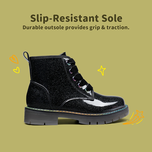 Kids Glitter Side Zipper Combat Boots - BLACK PU - 2