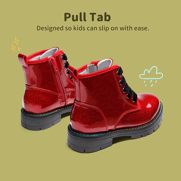 Kids Glitter Side Zipper Combat Boots - RED PU - 2