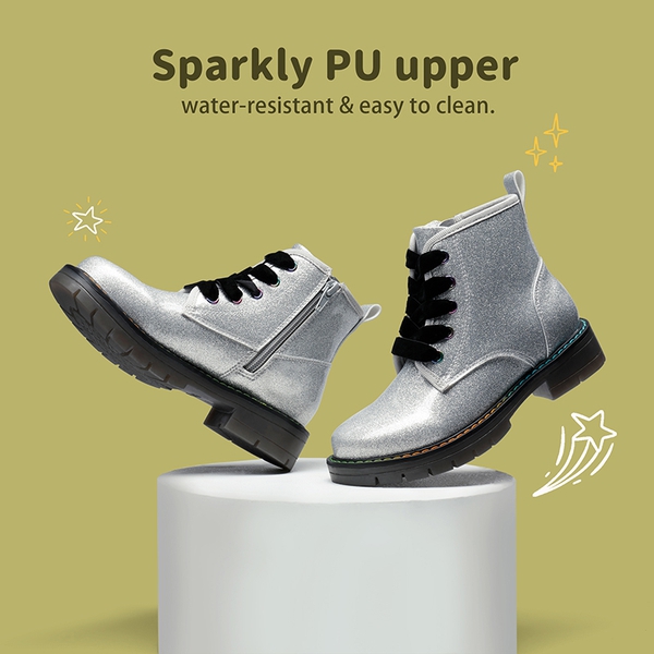 Kids Glitter Side Zipper Combat Boots - SILVER PU - 1