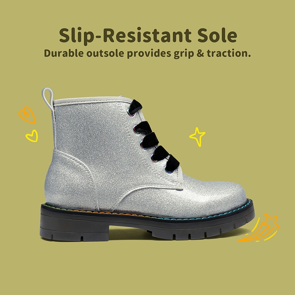 Kids Glitter Side Zipper Combat Boots - SILVER PU - 4