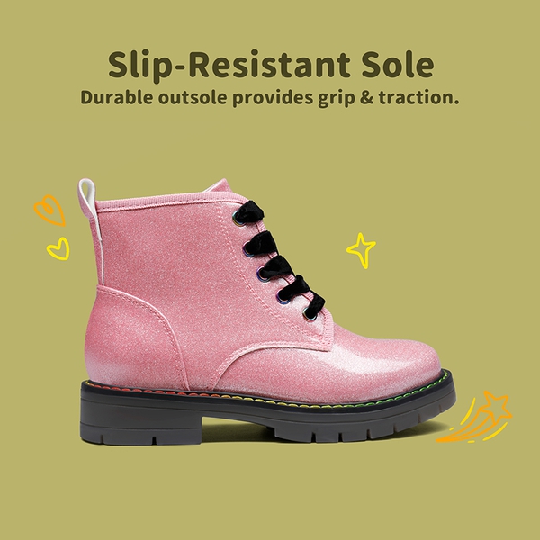 Kids Glitter Side Zipper Combat Boots - PINK PU - 4