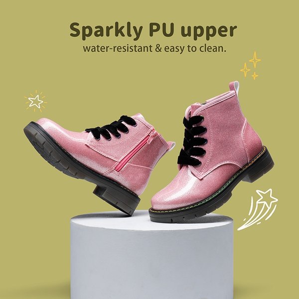 Kids Glitter Side Zipper Combat Boots - PINK PU - 1