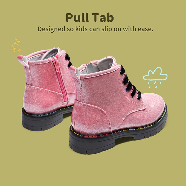 Kids Glitter Side Zipper Combat Boots - PINK PU - 2