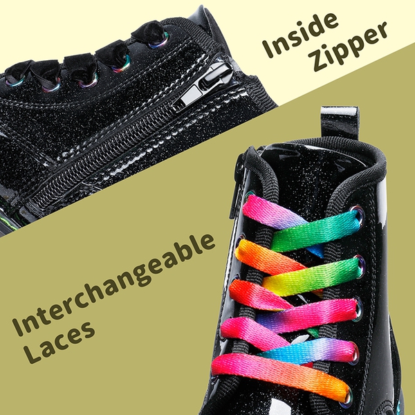 Kids Glitter Side Zipper Combat Boots - BLACK PU - 3