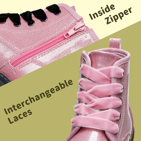 Kids Glitter Side Zipper Combat Boots - PINK PU - 3