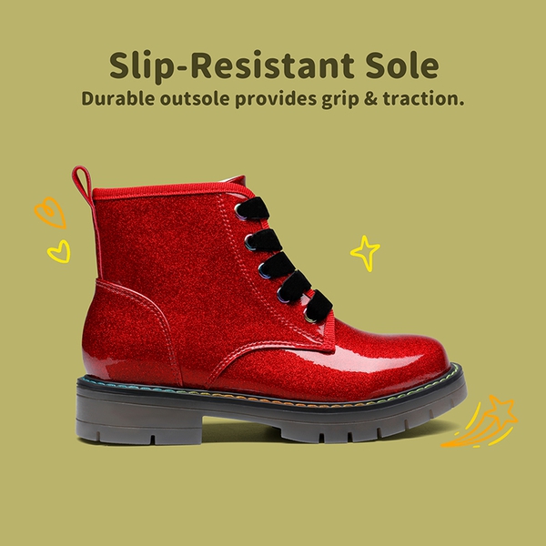 Kids Glitter Side Zipper Combat Boots - RED PU - 4