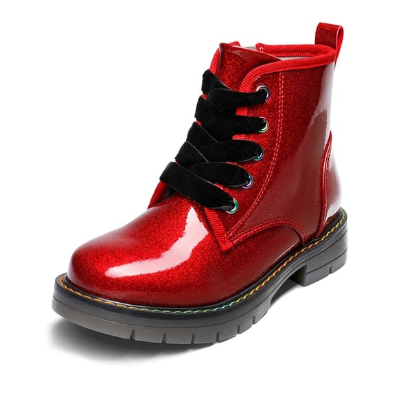 Kids Glitter Side Zipper Combat Boots - RED PU -  0