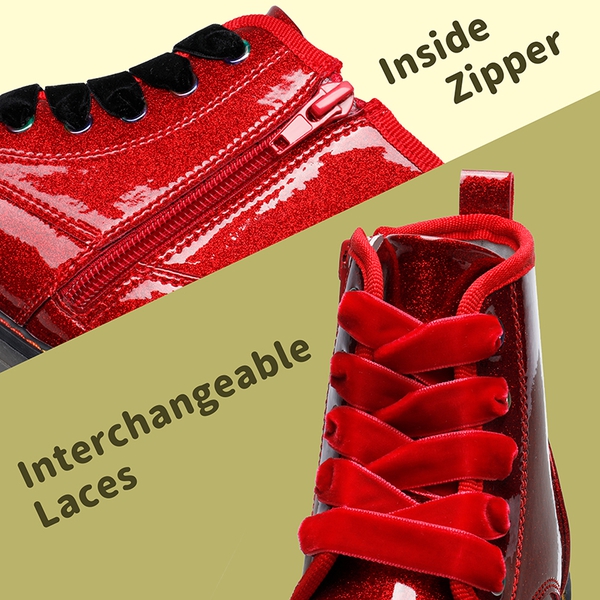 Kids Glitter Side Zipper Combat Boots - RED PU - 3