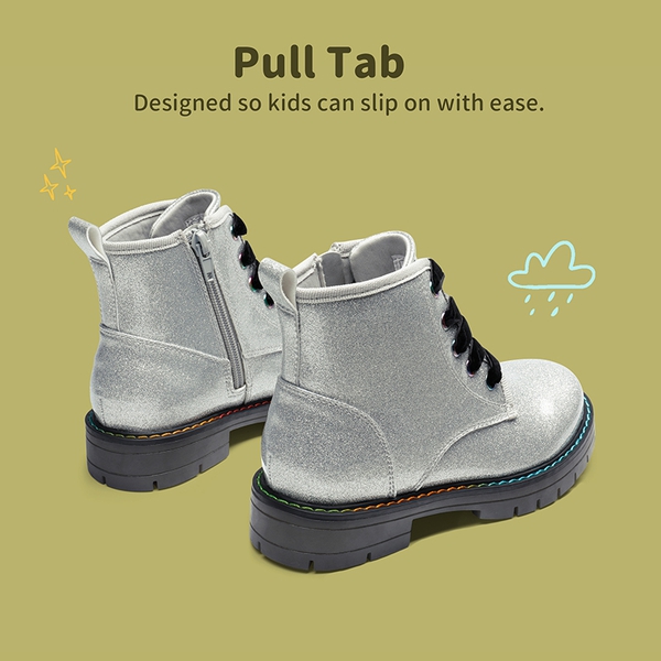Kids Glitter Side Zipper Combat Boots - SILVER PU - 2