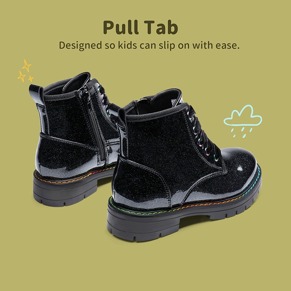 Kids Glitter Side Zipper Combat Boots - BLACK PU - 4