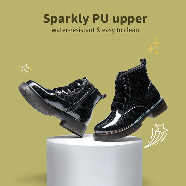 Kids Glitter Side Zipper Combat Boots - BLACK PU - 1