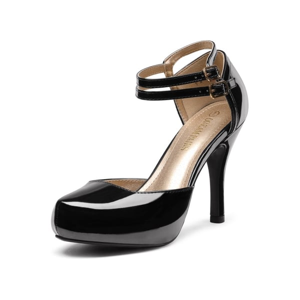 Double Ankle Strap Heel Pumps - BLACK PAT -  0