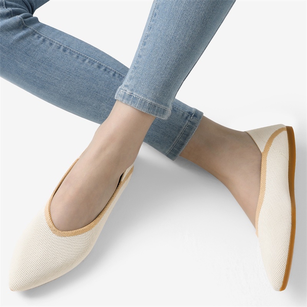 Pointed Toe Knit Ballet Flats - BEIGE - 1