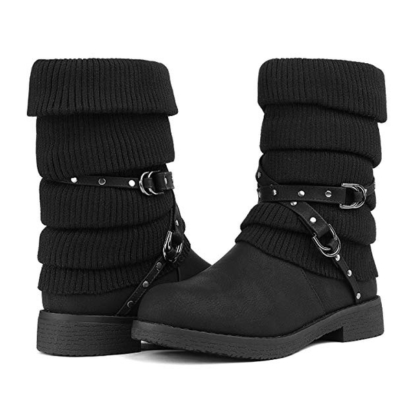 Buckle Strap Mid Calf Snow Boots - BLACK - 1