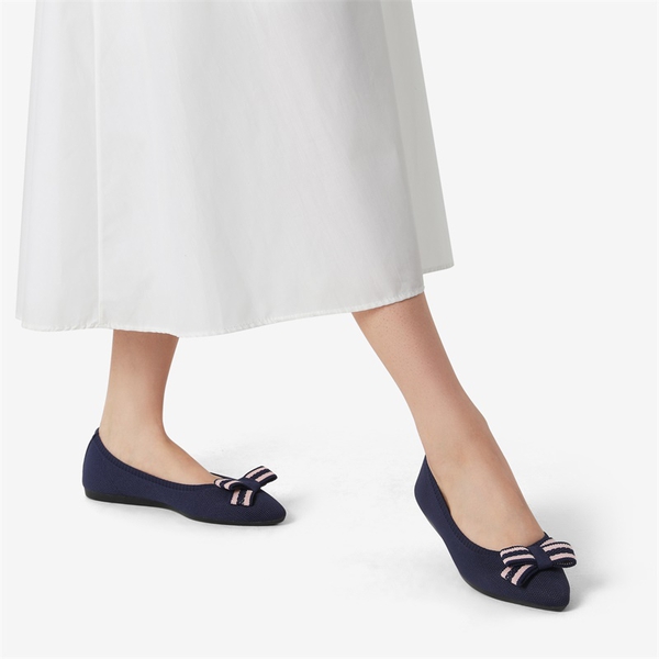 Bowknot Pointed Toe Knit Flats - NAVY - 1