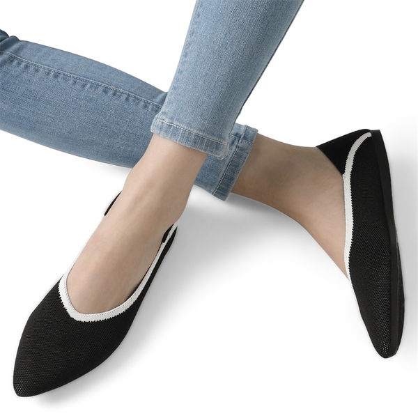 Pointed Toe Knit Ballet Flats - BLACK - 1