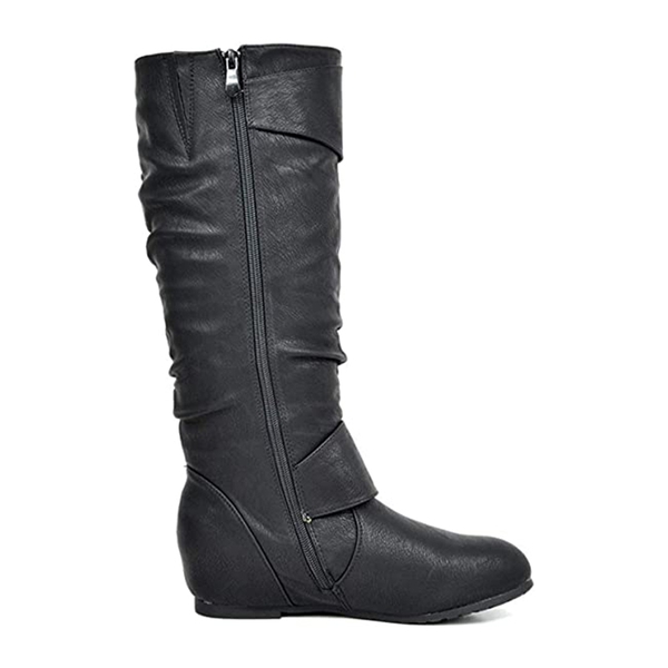 Wide Calf Fur-lined Low Hidden Wedge Boots - BLACK - 2