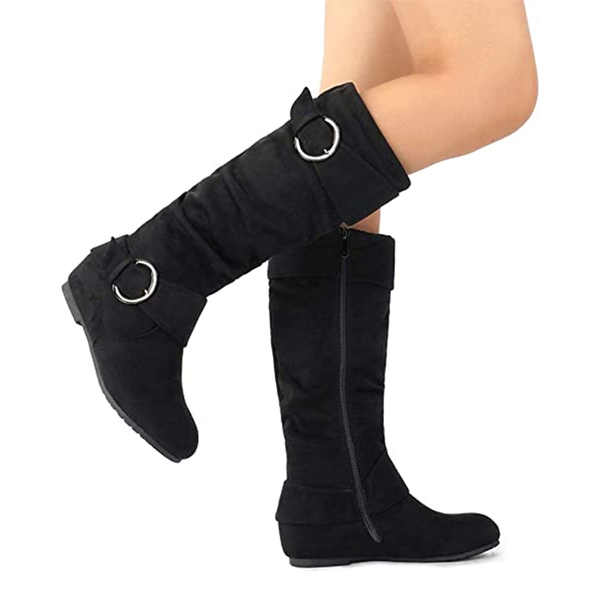 Wide Calf Fur-lined Low Hidden Wedge Boots - BLACK SUEDE - 4