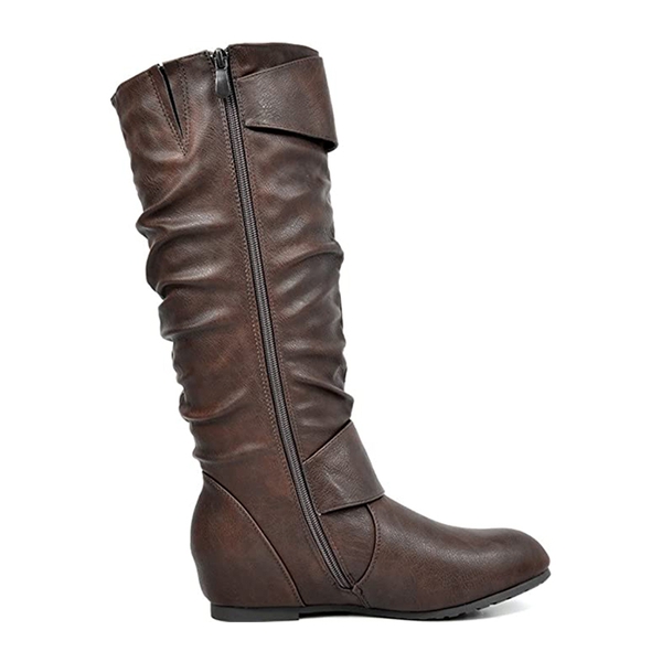 Wide Calf Fur-lined Low Hidden Wedge Boots - BROWN - 2