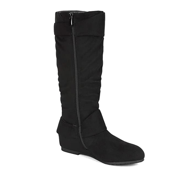 Wide Calf Fur-lined Low Hidden Wedge Boots - BLACK SUEDE - 3