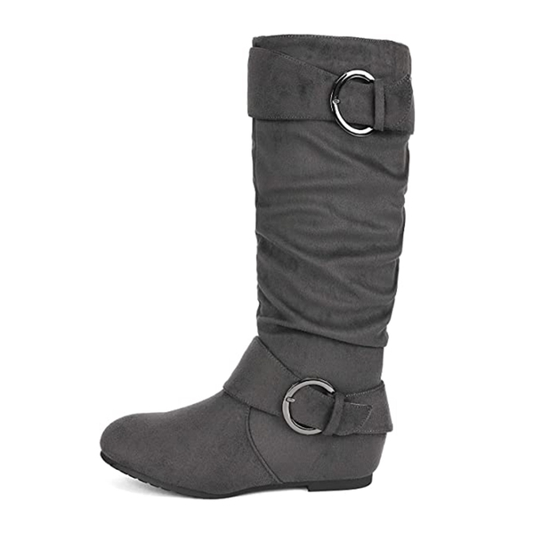 Wide Calf Fur-lined Low Hidden Wedge Boots - GREY SUEDE - 1