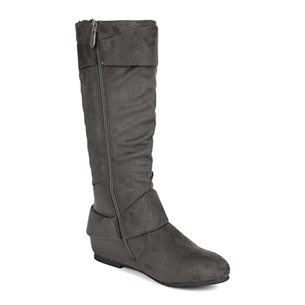 Wide Calf Fur-lined Low Hidden Wedge Boots - GREY SUEDE - 3