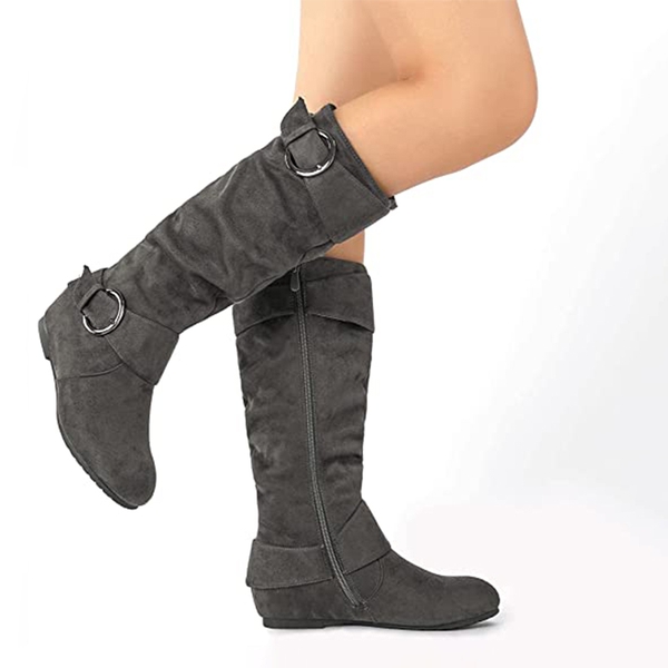 Wide Calf Fur-lined Low Hidden Wedge Boots - GREY SUEDE - 4