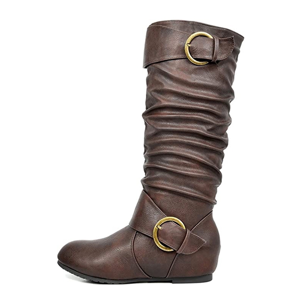 Wide Calf Fur-lined Low Hidden Wedge Boots - BROWN - 1