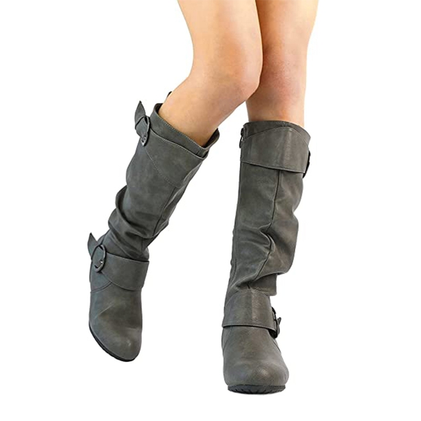 Wide Calf Fur-lined Low Hidden Wedge Boots - GREY - 4