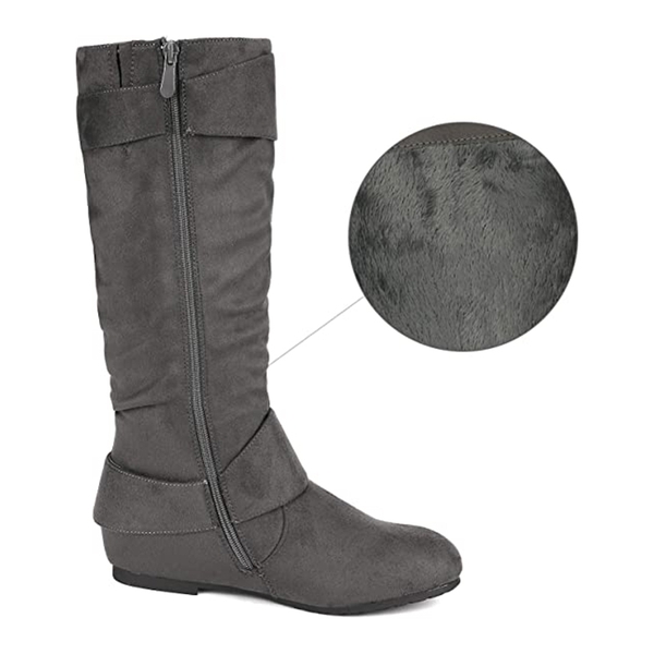 Wide Calf Fur-lined Low Hidden Wedge Boots - GREY SUEDE - 2