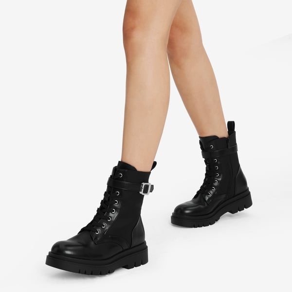 Platform Lace Up Lug Sole Combat Boots - BLACK PU - 1