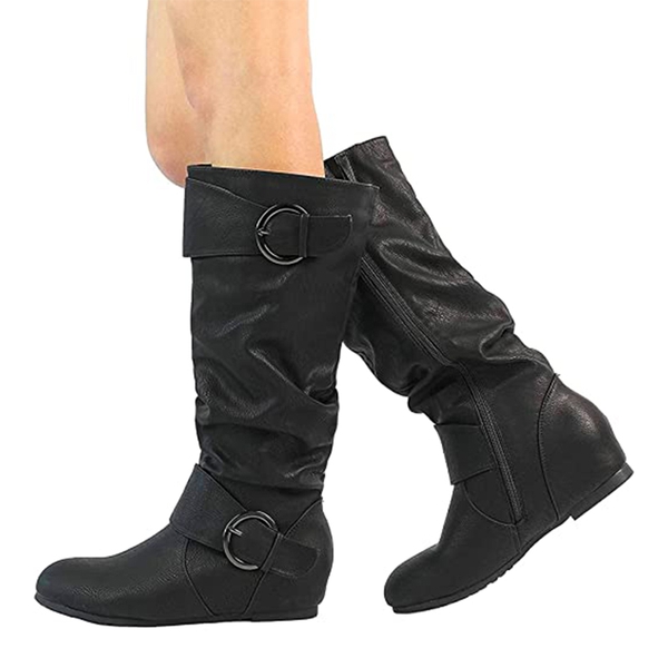 Wide Calf Fur-lined Low Hidden Wedge Boots - BLACK - 4